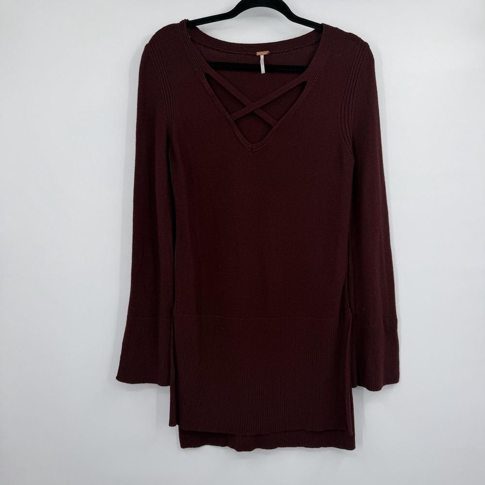 Free People Sweater Womens M Red V-Neck Open-Knit Bell Sleeve Pullover Tunic
